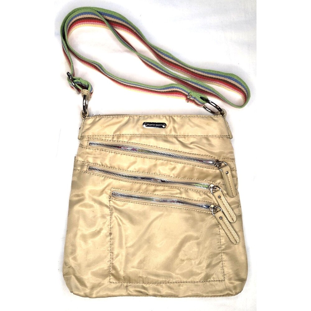 Franco Sarto Khaki Nylon Multipocket Crossbody Bag Purse Multicolor Strap  Y2K